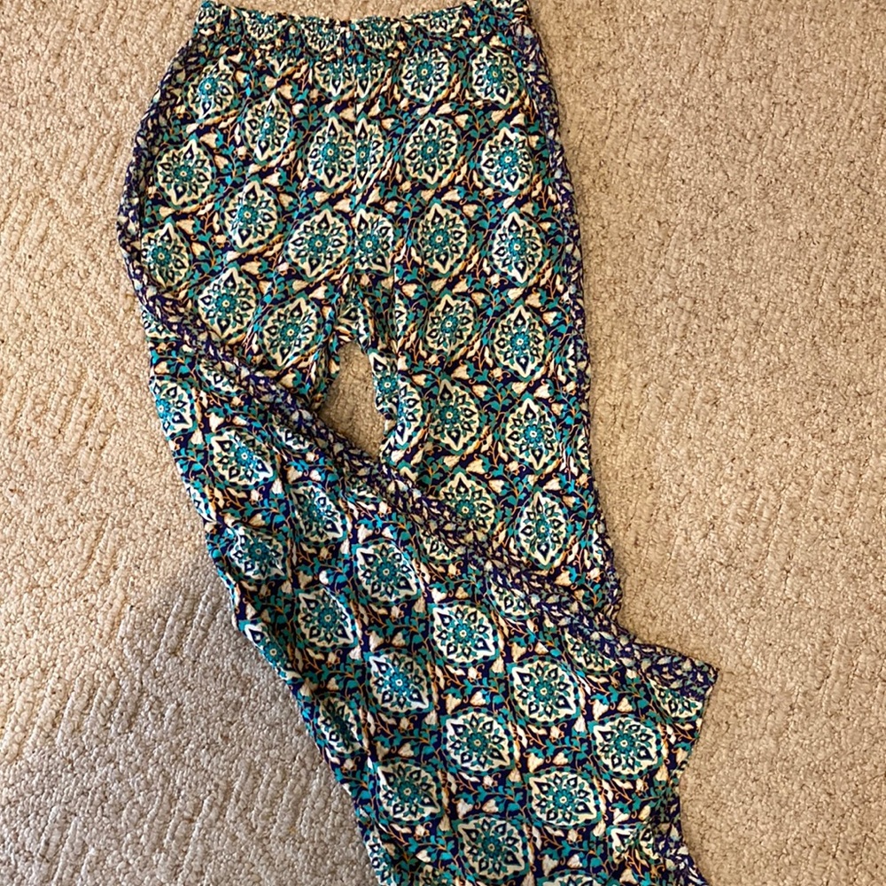 Printed Teal & Navy Wide-Leg Women's Pants